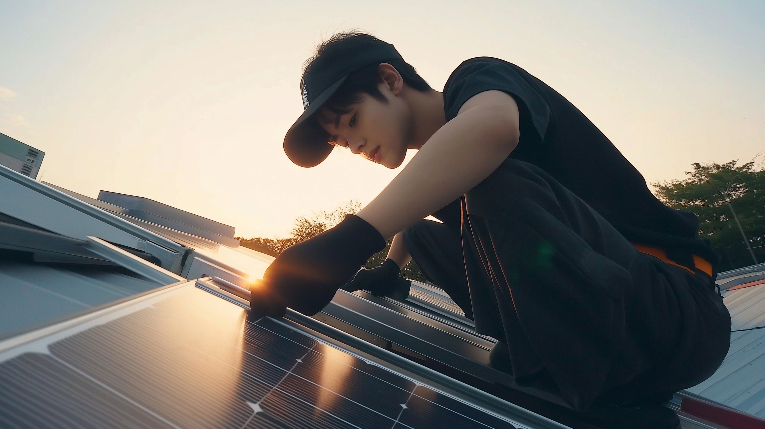 Technician installing solar panel